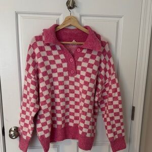 BiBi Pink and White Checkered V-Neck Button-Collar Sweater